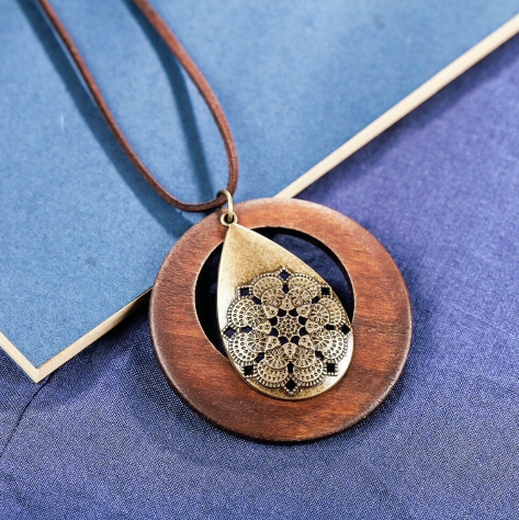 Ethnic Sweater Necklace Chain Wood Circle Pendant Hand Made