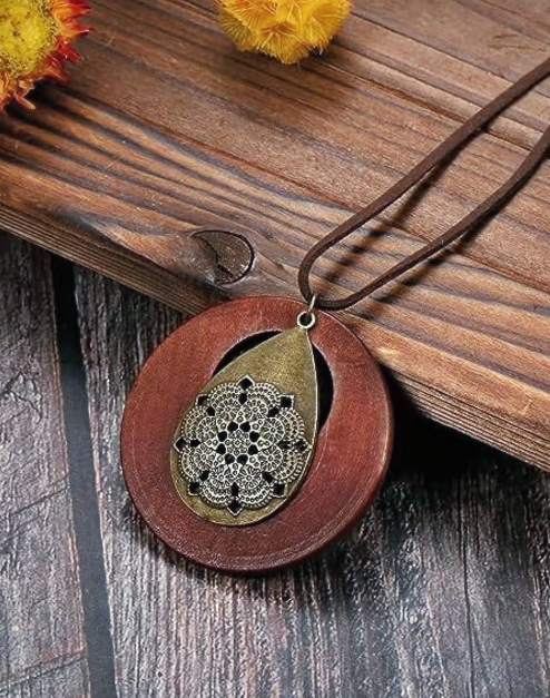 Ethnic Sweater Necklace Chain Wood Circle Pendant Hand Made