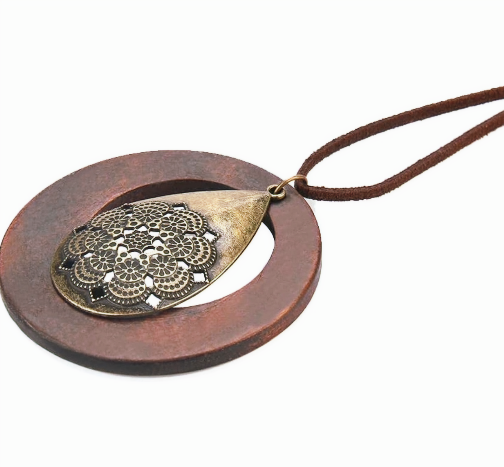 Ethnic Sweater Necklace Chain Wood Circle Pendant Hand Made