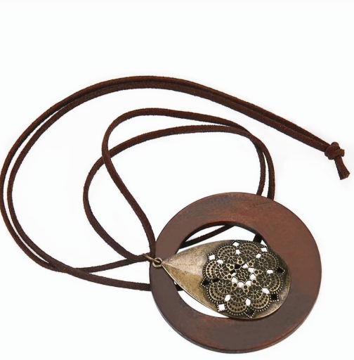 Ethnic Sweater Necklace Chain Wood Circle Pendant Hand Made