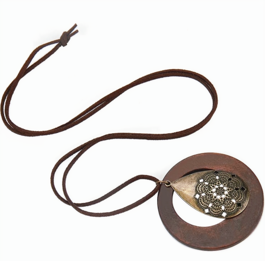 Ethnic Sweater Necklace Chain Wood Circle Pendant Hand Made