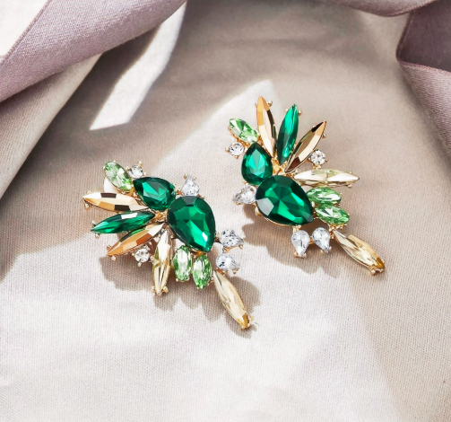 BLOOM Emerald Green Rhinestone Embellished Earrings
