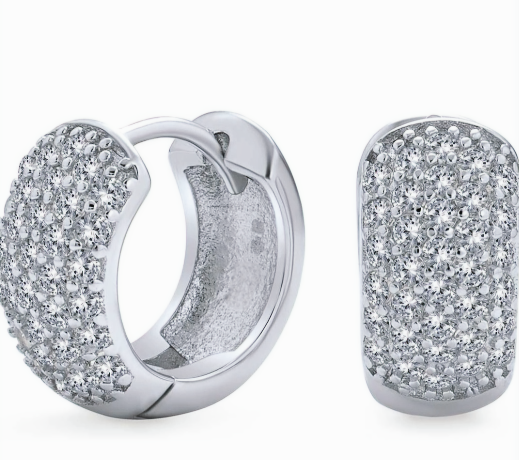 Bridal Cubic Zirconia Micro Pave CZ Huggie Hoop Earrings 7mm
