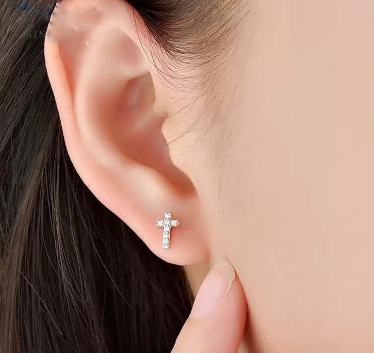 Cross Sterling Silver 925 Earrings 10 mm