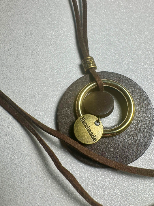 Wooded Pendant With Leagher Necklace Hand Made