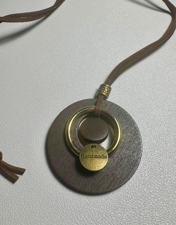 Wooded Pendant With Leagher Necklace Hand Made