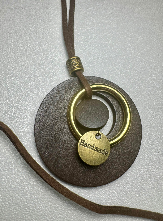 Wooded Pendant With Leagher Necklace Hand Made