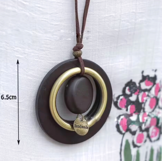 Wooded Pendant With Leagher Necklace Hand Made