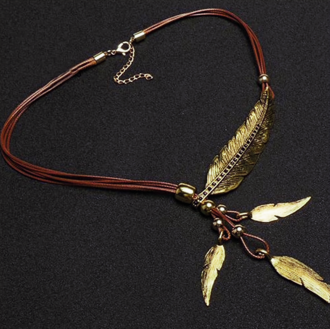 Bohemian Style Rope Chain Leaf Feather Pettern Pendant Hand Made