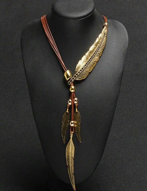 Bohemian Style Rope Chain Leaf Feather Pettern Pendant Hand Made