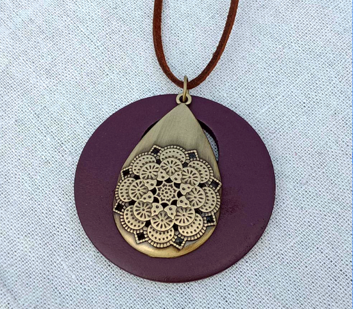 Ethnic Sweater Necklace Chain Wood Circle Pendant Hand Made