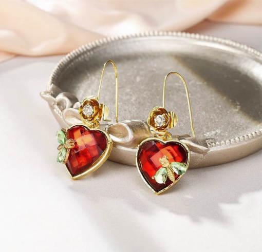 Stone Heart Drop Earrings with Pink Faceted Stone, Bee and Flower
