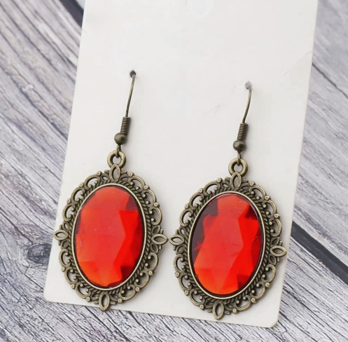 Teardrop Red Dangle Earrings, Vintage Gothic Earrings