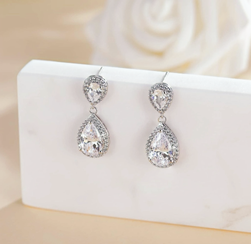 Cubic Zirconia Teardrop Bridal Wedding Earrings