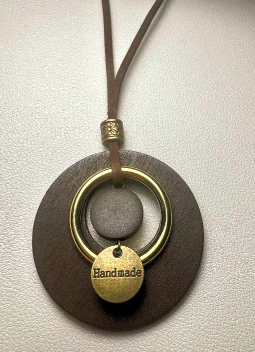Wooded Pendant With Leagher Necklace Hand Made